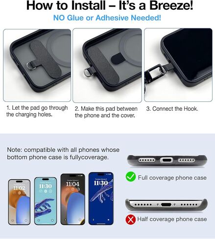 علامة تبويب حبل الهاتف لجهاز iPhone و Ultra-Didence & Ultra-Shin-Thin Phone Lanyard Patch ، جزء استبدال حزام الهاتف لجميع حالات الهاتف الكاملة لـ Samsung و Android ، Black X2 in Kuwait