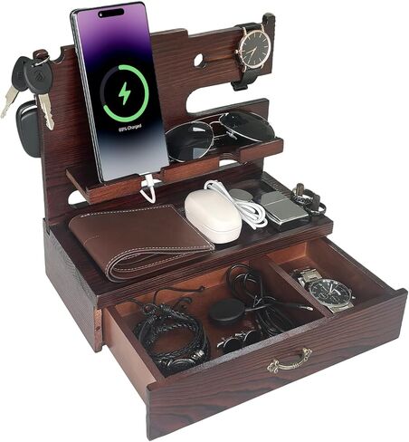 Wooden Docking Station with Storage Drawer, Dual Phone Stand, Watch Charger & Key Organizer for Desk or Nightstand, Gift for Husband, Dad, or Boyfriend in Kuwait