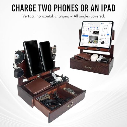 Wooden Docking Station with Storage Drawer, Dual Phone Stand, Watch Charger & Key Organizer for Desk or Nightstand, Gift for Husband, Dad, or Boyfriend in Kuwait