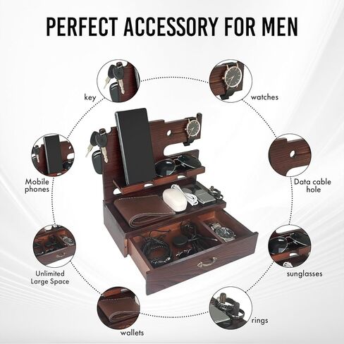 Wooden Docking Station with Storage Drawer, Dual Phone Stand, Watch Charger & Key Organizer for Desk or Nightstand, Gift for Husband, Dad, or Boyfriend in Kuwait