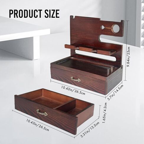 Wooden Docking Station with Storage Drawer, Dual Phone Stand, Watch Charger & Key Organizer for Desk or Nightstand, Gift for Husband, Dad, or Boyfriend in Kuwait