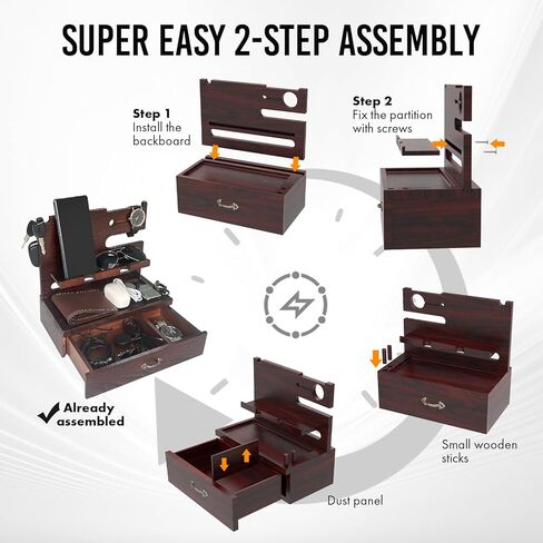 Wooden Docking Station with Storage Drawer, Dual Phone Stand, Watch Charger & Key Organizer for Desk or Nightstand, Gift for Husband, Dad, or Boyfriend in Kuwait