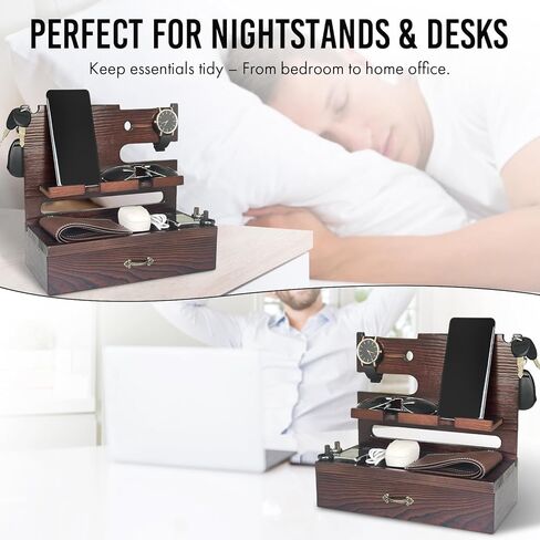 Wooden Docking Station with Storage Drawer, Dual Phone Stand, Watch Charger & Key Organizer for Desk or Nightstand, Gift for Husband, Dad, or Boyfriend in Kuwait