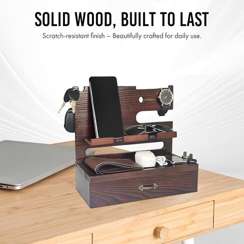 Wooden Docking Station with Storage Drawer, Dual Phone Stand, Watch Charger & Key Organizer for Desk or Nightstand, Gift for Husband, Dad, or Boyfriend in Kuwait