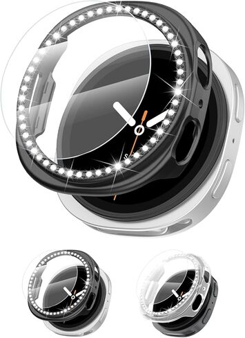[2+2Pack Bling Diamond Case for Samsung Galaxy Watch 8 Screen Protector 40mm Women, Glitter Rhinestone Protective Hard PC Bumper Covers for Galaxy Watch 8 Case 40mm Cover Accessories in Kuwait