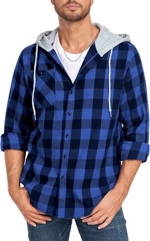 Ceoutdoor Hooded Flannel Plaid Shirt for Men Long Sleeve Casual Regular Fit Button Down Shirts in Saudi Arabia