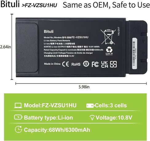 FZ-VZSU1HU Laptop Battery Replacement Pack for PANASONIC TOUGHBOOK 55 Series FZ-55 Mk1 Mk2 PN 3INR19/66-2 Higher Capacity (10.8V 68Wh/6300mAh) in Saudi Arabia