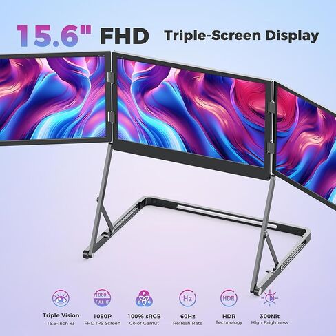 موسع شاشة الكمبيوتر المحمول ، 15.6 "FHD 1080P IPS شاشة ثلاثية قابلة للطي محمولة ، موسع شاشة الكمبيوتر المحمول ، HDMI/USB-C Plugh N Play for Windows ، Mac ، Android ، مع غلاف واقٍ محسوس in Saudi Arabia