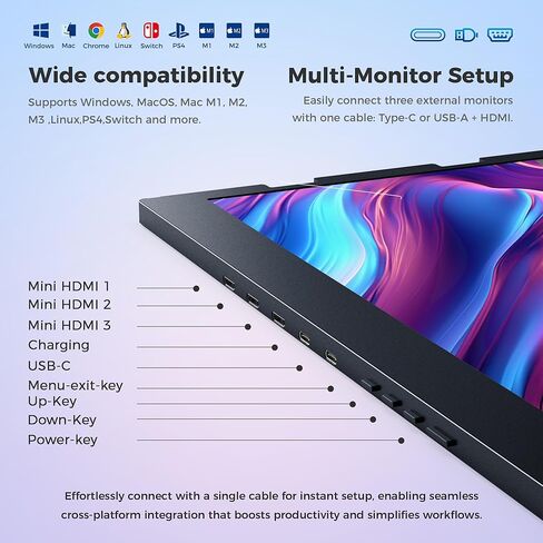 موسع شاشة الكمبيوتر المحمول ، 15.6 "FHD 1080P IPS شاشة ثلاثية قابلة للطي محمولة ، موسع شاشة الكمبيوتر المحمول ، HDMI/USB-C Plugh N Play for Windows ، Mac ، Android ، مع غلاف واقٍ محسوس in Saudi Arabia