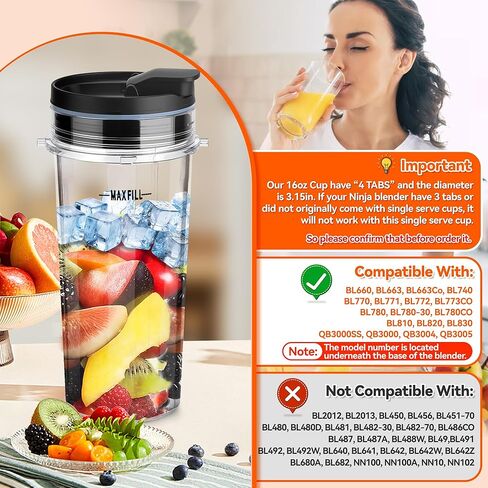 2pcs استبدال أكواب الخلاط 16 أوقية لنينجا ، كأس خلاط واحد خدمة مع 4pcs Sip Seal Lids لـ BL660 BL663 L740 BL770 BL771 BL772 BL773 BL780 BL810 BL820 BL830 in Kuwait