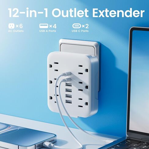 Multi Pluct Wall Outlet Extender ، Chiefway USB Wall Charger مع 6 منافذ التيار المتردد ، 6 منافذ USB (2 USB C) ، شريط طاقة توصيل الجدار ، محول متعدد المكونات لأساسيات سفر المكاتب المنزلية ، in Kuwait
