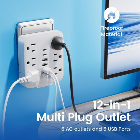 Multi Pluct Wall Outlet Extender ، Chiefway USB Wall Charger مع 6 منافذ التيار المتردد ، 6 منافذ USB (2 USB C) ، شريط طاقة توصيل الجدار ، محول متعدد المكونات لأساسيات سفر المكاتب المنزلية ، in Kuwait