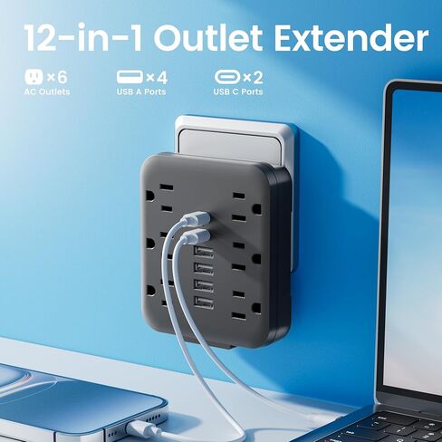 Multi Pluct Wall Outlet Extender ، Chiefway USB Wall Charger مع 6 منافذ التيار المتردد ، 6 منافذ USB (2 USB C) ، شريط طاقة توصيل الجدار ، محول متعدد المكونات لأساسيات سفر المكاتب المنزلية ، in Kuwait