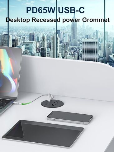 Recessed Power Grommet 3 inch With 65W USB C Ports 2 AC Outlets,Recessed Outlet Fast Charging Station,Desk Hole Grommet Outlets,Round Desktop Power Grommet Outlet for Office,Home (Black, 65W USB Port) in Kuwait