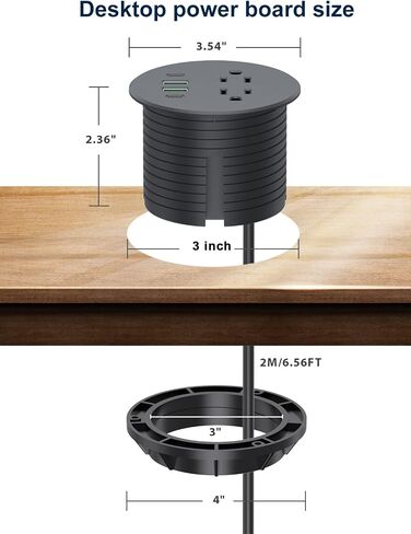 Recessed Power Grommet 3 inch With 65W USB C Ports 2 AC Outlets,Recessed Outlet Fast Charging Station,Desk Hole Grommet Outlets,Round Desktop Power Grommet Outlet for Office,Home (Black, 65W USB Port) in Kuwait