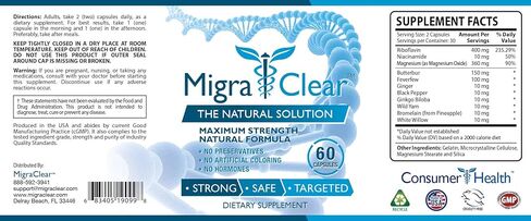All Natural Migraine Support - Magnesium, Ginkgo Biloba, Ginger, White Willow, Feverfew - 60 Capsules - 1 Bottle in Kuwait