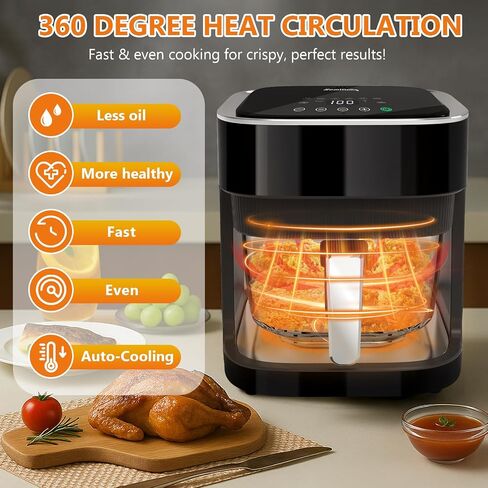 4.5 Quart Air Fryer 8-in-1 Preset Cook Oper ، وعاء من الزجاج الشفاف لأفضل نتائج الطهي ، والتحكم الدقيق في درجة الحرارة ووقت ، أسود in Saudi Arabia