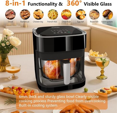 4.5 Quart Air Fryer 8-in-1 Preset Cook Oper ، وعاء من الزجاج الشفاف لأفضل نتائج الطهي ، والتحكم الدقيق في درجة الحرارة ووقت ، أسود in Saudi Arabia