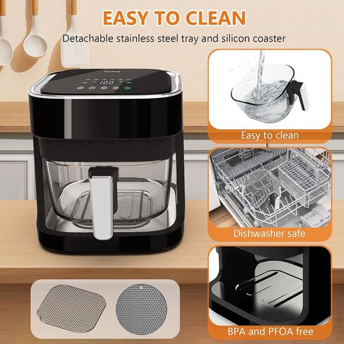 4.5 Quart Air Fryer 8-in-1 Preset Cook Oper ، وعاء من الزجاج الشفاف لأفضل نتائج الطهي ، والتحكم الدقيق في درجة الحرارة ووقت ، أسود in Saudi Arabia