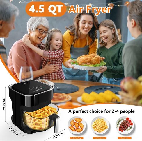 4.5 Quart Air Fryer 8-in-1 Preset Cook Oper ، وعاء من الزجاج الشفاف لأفضل نتائج الطهي ، والتحكم الدقيق في درجة الحرارة ووقت ، أسود in Saudi Arabia