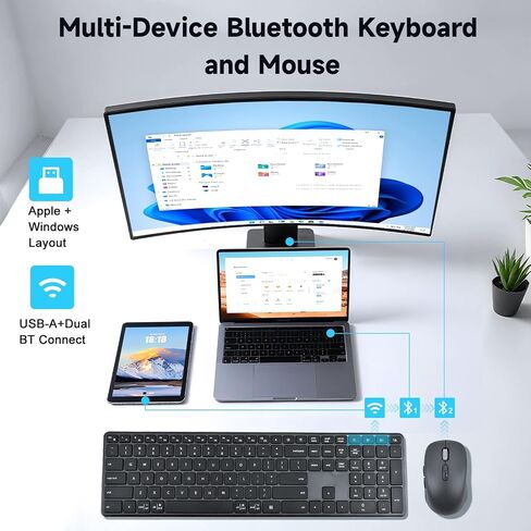 M9250 Wireless Keyboard Mouse Combo,Scissors Mechanism QWERTY Silent Wireless Bluetooth Keyboard and Ergonomic Mouse Set for Windows, iOS, Android, Computer Desktop PC Laptop iPad in Kuwait