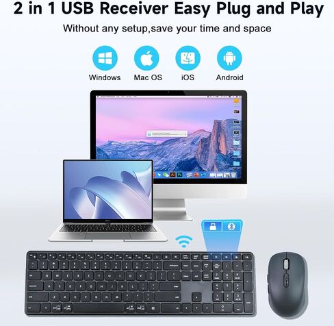 M9250 Wireless Keyboard Mouse Combo,Scissors Mechanism QWERTY Silent Wireless Bluetooth Keyboard and Ergonomic Mouse Set for Windows, iOS, Android, Computer Desktop PC Laptop iPad in Kuwait