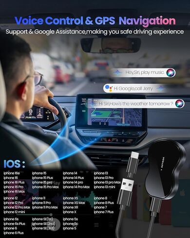 قابس محول CarPlay اللاسلكي لـ Apple iPhone iOS 10+ & Cars من 2016+ ، والتحكم المستقر التلقائي ولا يوجد حجم مصغر مع كابل التمديد USB و USB-C/Type-C in Saudi Arabia