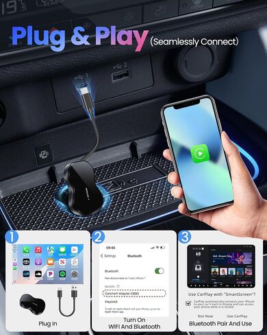 قابس محول CarPlay اللاسلكي لـ Apple iPhone iOS 10+ & Cars من 2016+ ، والتحكم المستقر التلقائي ولا يوجد حجم مصغر مع كابل التمديد USB و USB-C/Type-C in Saudi Arabia
