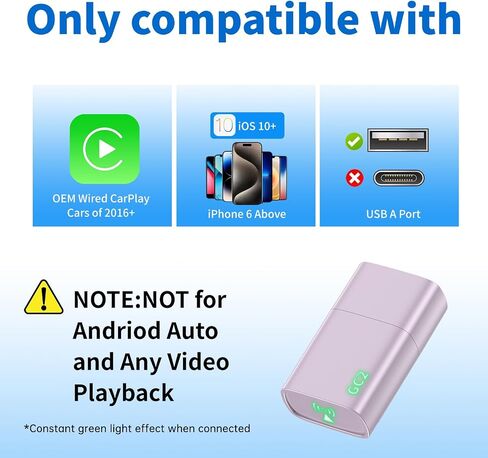 Wireless CarPlay Adapter for Apple iPhone 2025 Upgraded,Ultra-Low Lag,Stable Connection,Mini Car Play Wireless Adapter for Cars with Built-in Wired CarPlay for iPhone iOS 10+,USB A Purple in Kuwait