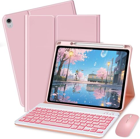 حالة لوحة المفاتيح لـ iPad 10th / A16 الجيل الحادي عشر 2022 / 2025-7 غطاء لوحة مفاتيح خلفية مع حامل قلم رصاص وفأرة (وردي) in Kuwait