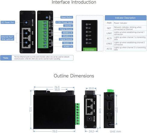 Waveshare 2-Ch RS485 to RJ45 Ethernet Serial Server, Dual Channels RS485 Independent Operation, Rail-Mount Industrial Isolated Serial Module, PoE Ethernet Port in Saudi Arabia