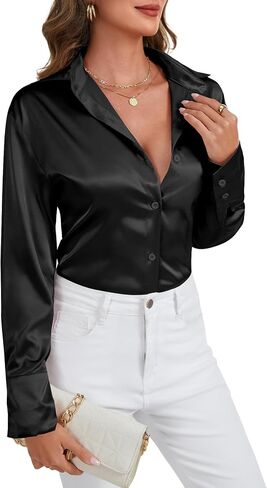 LYANER Women's Satin Silky Collar Buttons Down Long Sleeve Work Blouse Shirt Top in Kuwait