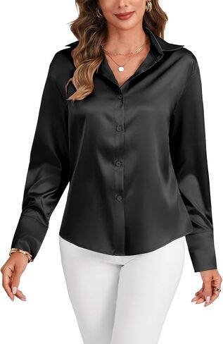 LYANER Women's Satin Silky Collar Buttons Down Long Sleeve Work Blouse Shirt Top in Kuwait