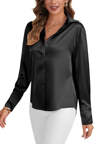 LYANER Women's Satin Silky Collar Buttons Down Long Sleeve Work Blouse Shirt Top in Kuwait