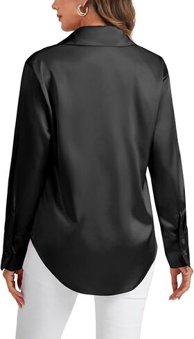 LYANER Women's Satin Silky Collar Buttons Down Long Sleeve Work Blouse Shirt Top in Kuwait