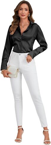 LYANER Women's Satin Silky Collar Buttons Down Long Sleeve Work Blouse Shirt Top in Kuwait