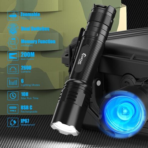 Zoomable Tactical Flashlight High Lumens-2600 LM Ultra Bright LED with 6 Modes,Zoomable,Dual Switches,110H Runtime,Memory Function,Waterproof,USB-C Rechargeable for Defense, Security,Outdoor&Emergency in Saudi Arabia