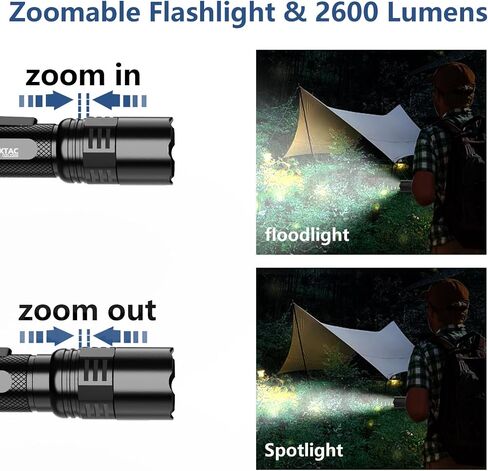 Zoomable Tactical Flashlight High Lumens-2600 LM Ultra Bright LED with 6 Modes,Zoomable,Dual Switches,110H Runtime,Memory Function,Waterproof,USB-C Rechargeable for Defense, Security,Outdoor&Emergency in Saudi Arabia