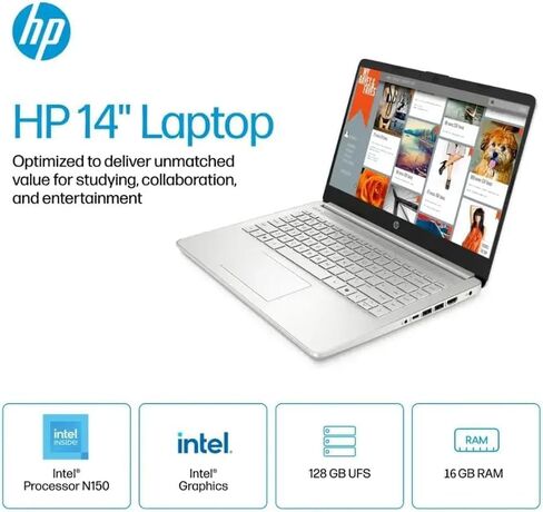 HP 2025 14 بوصة كمبيوتر محمول للطلاب ، معالج Intel N150 ، ذاكرة وصول عشوائي 16 جيجابايت ، 384 جيجابايت تخزين (128 جيجابايت من UFS+256 جيجا بايت MSD) ، مفتاح CoPilot ، AI مدعوم ، Office 365 ، Windows 11 Pro ، Natural Silver ، W/الملحقات in Kuwait