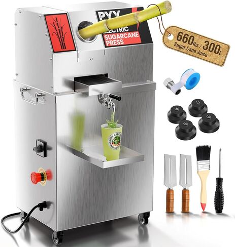 PYY Commercial Sugar Cane Juicer Machine - Electric 3-Rollers Sugarcane Juice Press Stainless Steel Extractor on Wheels,Sugarcane Machine with Cleaning Brush,2 Peelers,Straws and Cups,800W 110V-120V in Saudi Arabia