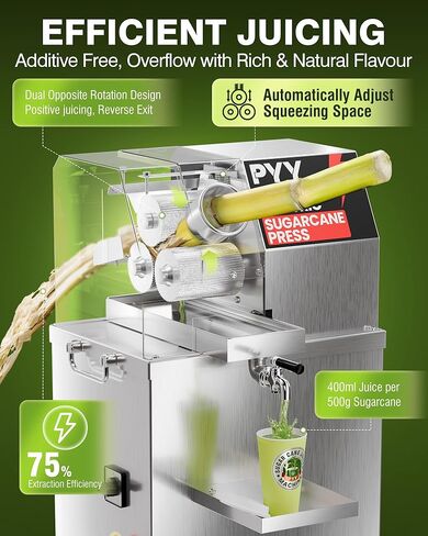 PYY Commercial Sugar Cane Juicer Machine - Electric 3-Rollers Sugarcane Juice Press Stainless Steel Extractor on Wheels,Sugarcane Machine with Cleaning Brush,2 Peelers,Straws and Cups,800W 110V-120V in Saudi Arabia
