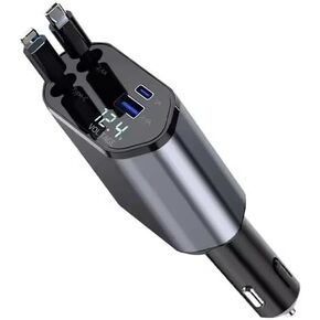 120W Retractable Car Charger 4-in-1 USB-C & Lightning Cable – Fast Charging Adapter for iPhone 16/15/14, Samsung, Android | USB Type-C Port + LED Voltage Display | Multi-Device Car Charger in Saudi Arabia