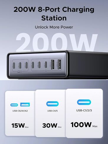 UGREEN 200W 8-Port GaN USB C Charger Block, Desktop Charging Station USB C and USB PD 100W Fast Charging Compatible for MacBook Pro 16" Air, XPS 13, iPad Pro, iPhone 16 Pro, Galaxy S25 in Saudi Arabia