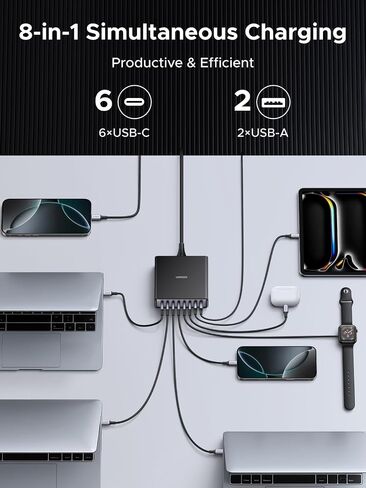 UGREEN 200W 8-Port GaN USB C Charger Block, Desktop Charging Station USB C and USB PD 100W Fast Charging Compatible for MacBook Pro 16" Air, XPS 13, iPad Pro, iPhone 16 Pro, Galaxy S25 in Saudi Arabia