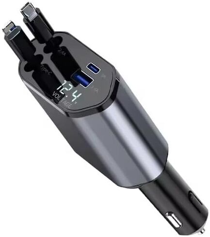 120W Retractable Car Charger 4-in-1 USB-C & Lightning Cable – Fast Charging Adapter for iPhone 16/15/14, Samsung, Android | USB Type-C Port + LED Voltage Display | Multi-Device Car Charger in Saudi Arabia