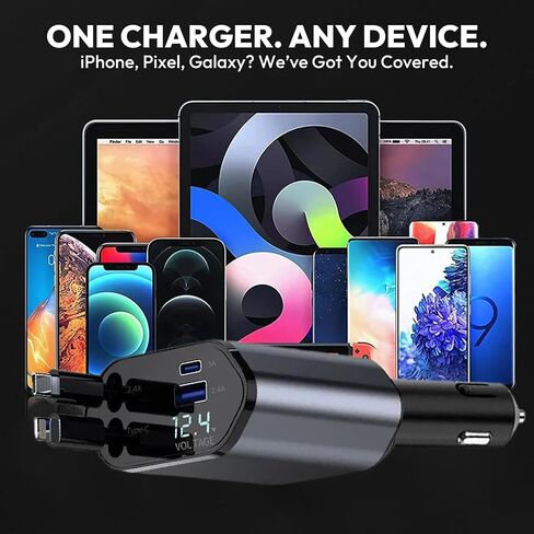 120W Retractable Car Charger 4-in-1 USB-C & Lightning Cable – Fast Charging Adapter for iPhone 16/15/14, Samsung, Android | USB Type-C Port + LED Voltage Display | Multi-Device Car Charger in Saudi Arabia