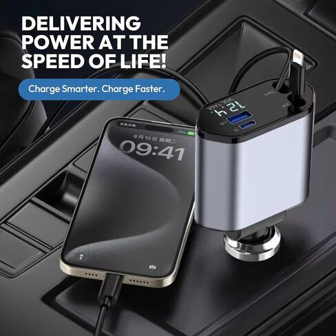 120W Retractable Car Charger 4-in-1 USB-C & Lightning Cable – Fast Charging Adapter for iPhone 16/15/14, Samsung, Android | USB Type-C Port + LED Voltage Display | Multi-Device Car Charger in Saudi Arabia