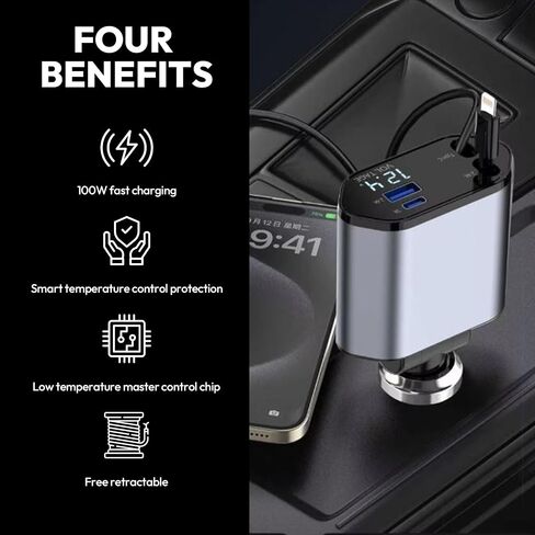 120W Retractable Car Charger 4-in-1 USB-C & Lightning Cable – Fast Charging Adapter for iPhone 16/15/14, Samsung, Android | USB Type-C Port + LED Voltage Display | Multi-Device Car Charger in Saudi Arabia