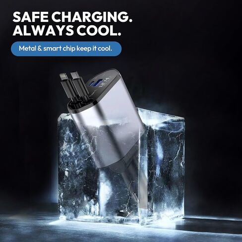 120W Retractable Car Charger 4-in-1 USB-C & Lightning Cable – Fast Charging Adapter for iPhone 16/15/14, Samsung, Android | USB Type-C Port + LED Voltage Display | Multi-Device Car Charger in Saudi Arabia