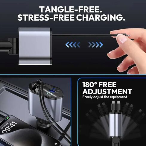 120W Retractable Car Charger 4-in-1 USB-C & Lightning Cable – Fast Charging Adapter for iPhone 16/15/14, Samsung, Android | USB Type-C Port + LED Voltage Display | Multi-Device Car Charger in Saudi Arabia